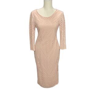Carmen Marc Valvo Blush Lined Bodycon Midi Dress Long Sleeve Eyelet Size Small